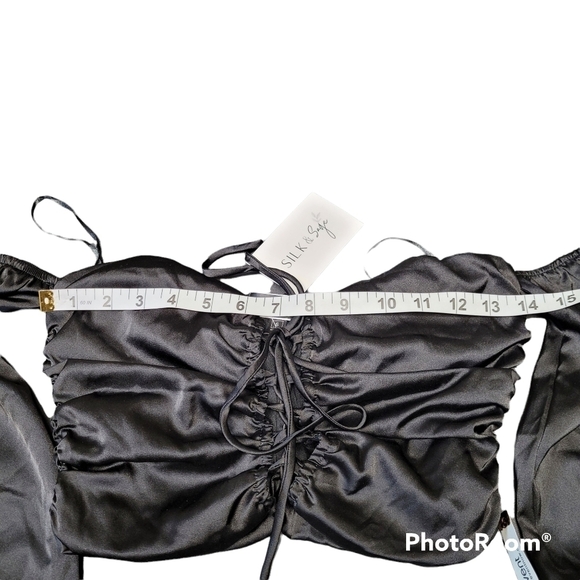 Blue Blush Black Satin Lace Up Tie Front Off The Shoulders Crop Top - Picture 8 of 10